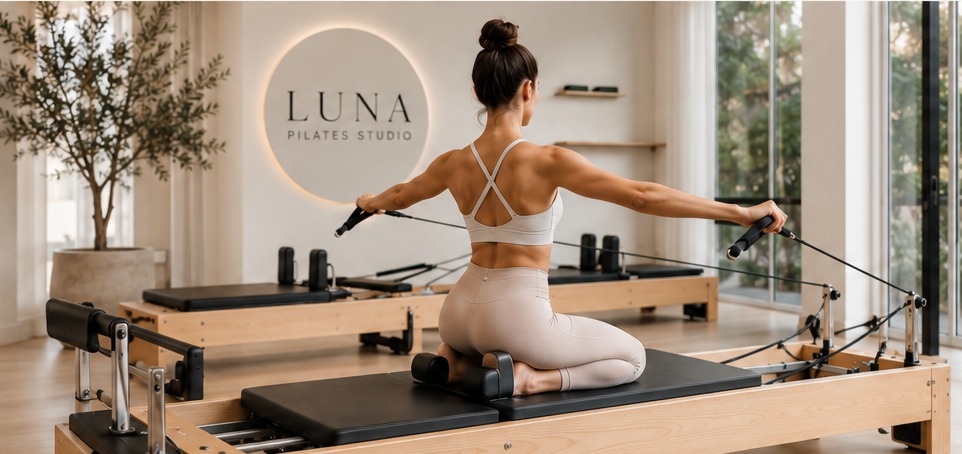 A client training on a Reformer in the Luna Pilates Studio